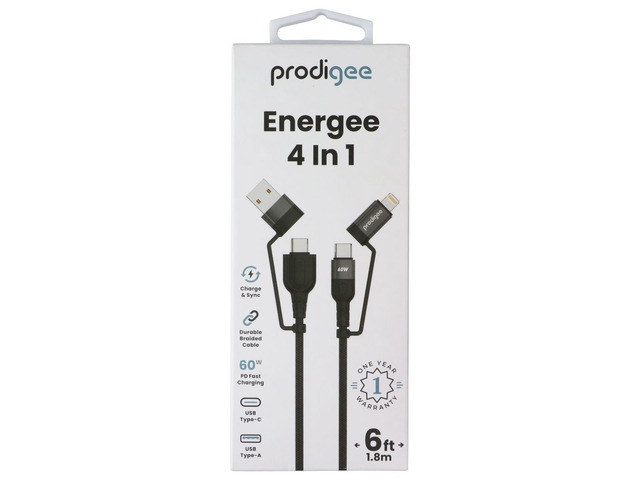 Prodigee Energee 6 Foot 4 in 1 (USB-C/USB-A/Lightning (8-Pin)) Cable - Black