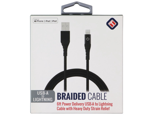 TekYa (6-Foot) Braided Cable - Power Delivery USB-A to Lightning 8-Pin - Black