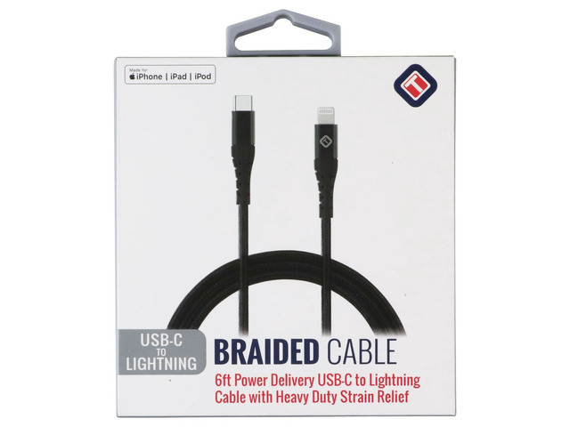 TekYa (6-Foot) Braided Cable - Power Delivery USB-C to Lightning 8-Pin - Black