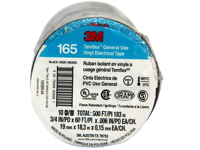 3M Temflex Vinyl Electrical Tape 165 Multi-purpose 3/4' X 60FT Black 10 Rolls