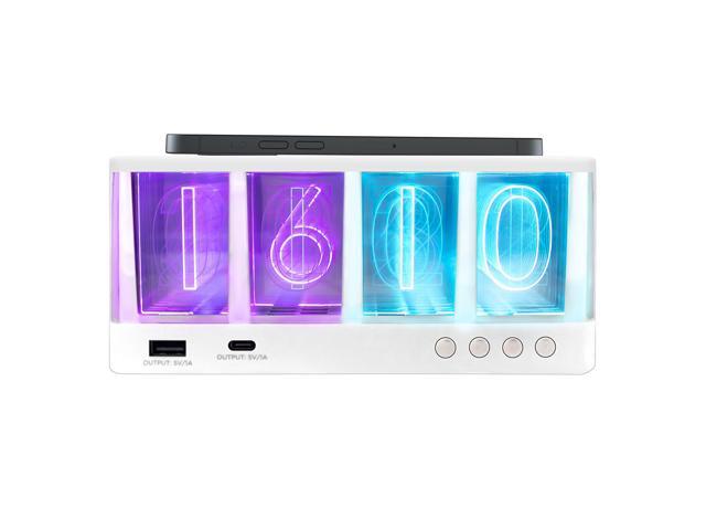 Maximal Power Vintage Glow Alarm Clock Nixie Style with Wireless Charger Station for Smartphones - LED Light Multicolor Number Display - White Base