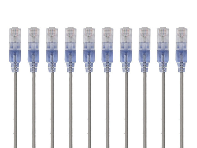 Monoprice SlimRun Cat6A Ethernet Patch Cable - Network Internet Cord - RJ45, 550Mhz, UTP, Pure Bare Copper Wire, 10G, 30AWG, 1ft, Gray, 10-Pack