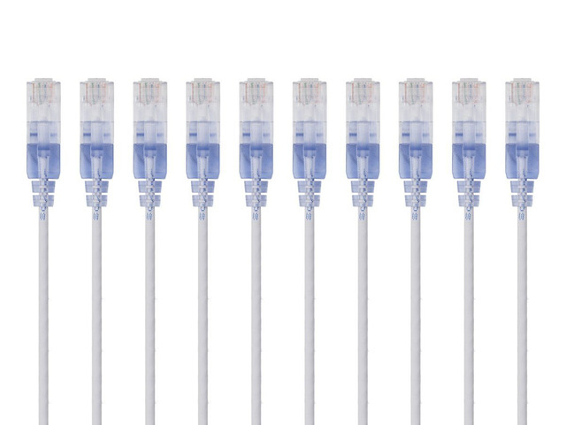 Monoprice SlimRun Cat6A Ethernet Patch Cable - Network Internet Cord - RJ45, 550Mhz, UTP, Pure Bare Copper Wire, 10G, 30AWG, 7ft, White, 10-Pack