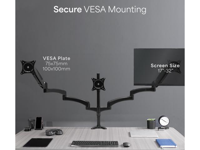 VIVO Black Triple Monitor Mount, 2 Pneumatic Arms + 1 Fixed, 3 Screens up to 32'