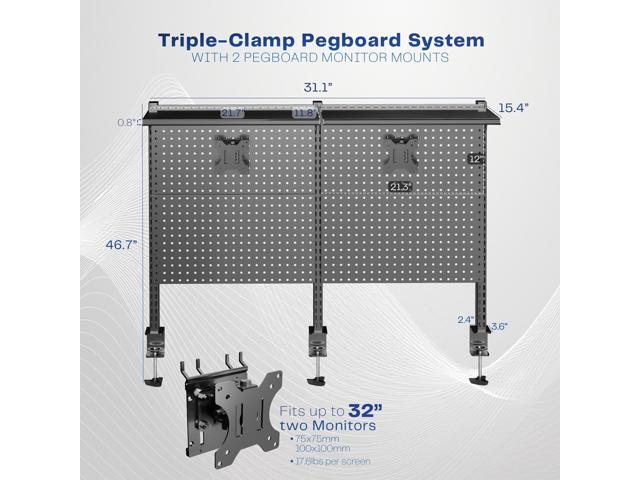 VIVO Black Steel Clamp-on 47' Pegboard with Monitor Mounts & Overhead Shelf
