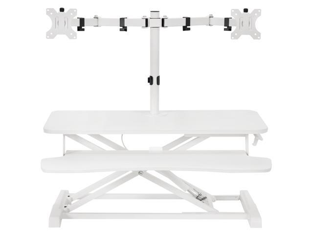 VIVO White 32' Standing Desk Riser with Adjustable Dual 13' to 30' Monitor Mount