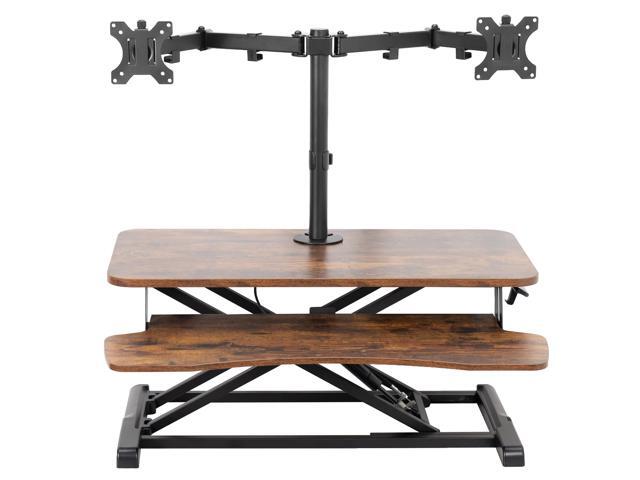 VIVO Vintage Brown/Black 32' Standing Desk Riser with Dual 13'-30' Monitor Mount