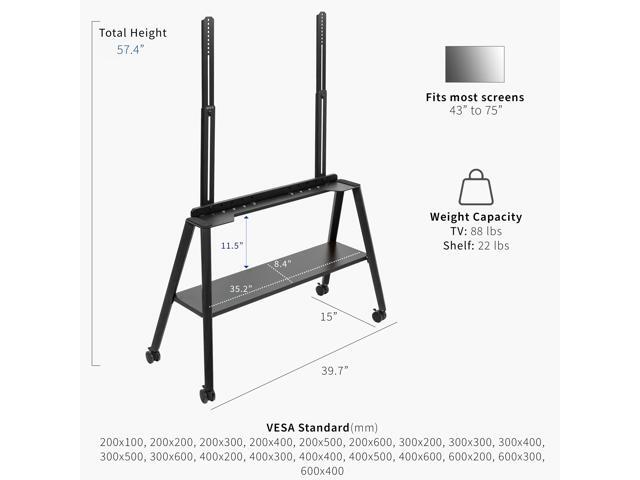 VIVO Black Rolling Easel Studio TV Floor Stand + Shelf, Fits 43' to 75' Screens