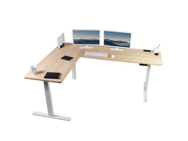 VIVO Electric 83' x 60' Stand Up Corner Desk, Light Wood Table Tops, White Frame