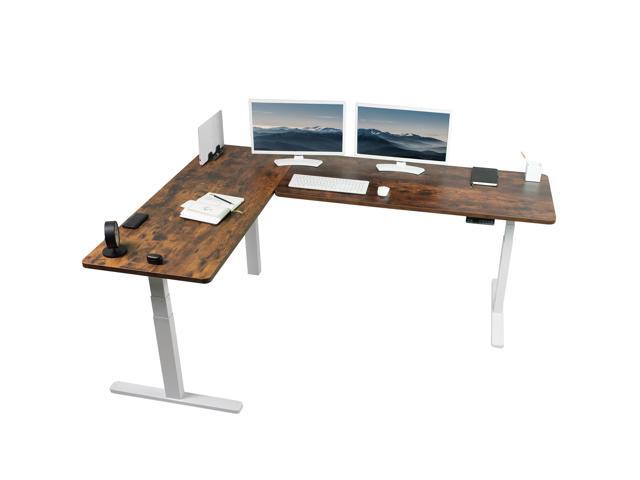 VIVO Electric 83'x60' Stand Up Corner Desk, Vintage Brown Tabletops, White Frame