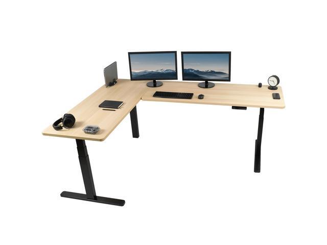 VIVO Electric 83' x 60' Stand Up Corner Desk, Light Wood Table Tops, Black Frame