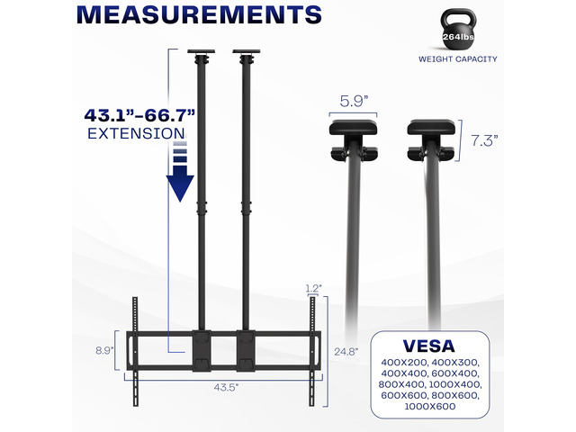 VIVO Extending Large Ceiling TV Mount, 60 to 120 inch Screens, Dual 5.5ft Poles