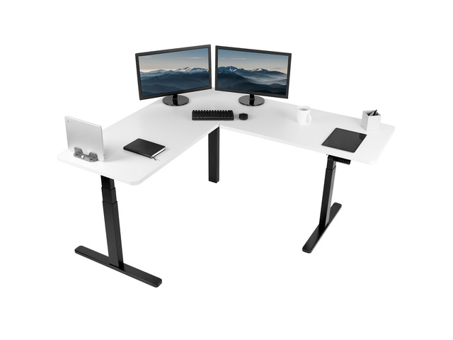 VIVO Electric Stand Up Corner Desk, White Table Tops, Black Frame