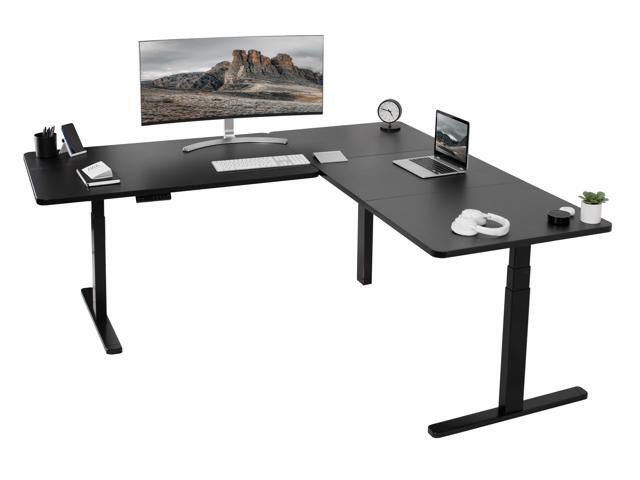 VIVO Electric 77' x 71' Corner Stand Up Desk, Black Table Tops, Black Frame