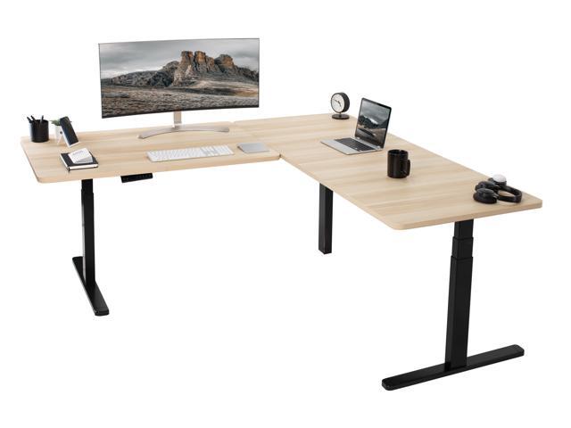 VIVO Electric 77' x 71' Corner Stand Up Desk, Light Wood Table Tops, Black Frame