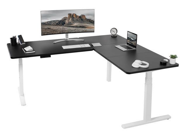 VIVO Electric 77' x 71' Corner Stand Up Desk, Black Table Tops, White Frame