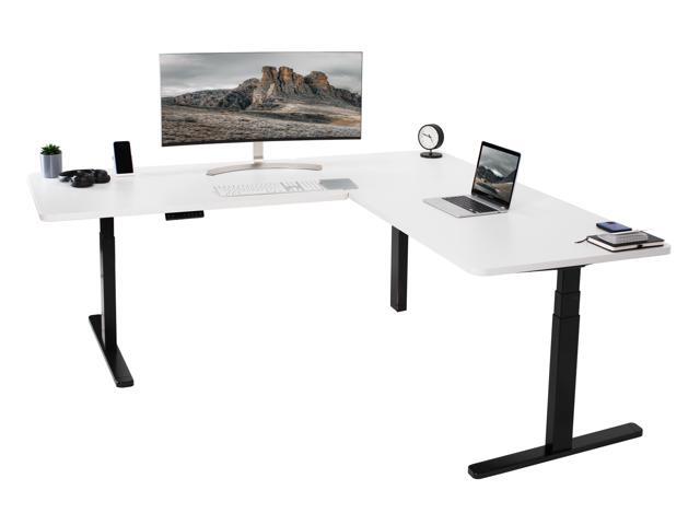 VIVO Electric 77' x 71' Corner Stand Up Desk, White Table Tops, Black Frame