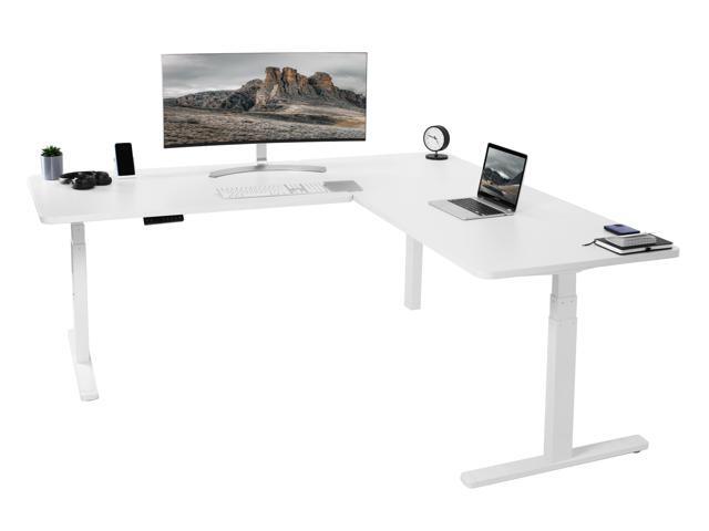 VIVO Electric 77' x 71' Corner Stand Up Desk, White Table Tops, White Frame
