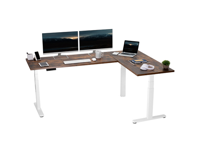 VIVO Electric 78' x 55' Stand Up Corner Desk, Vintage Brown Tops, White Frame