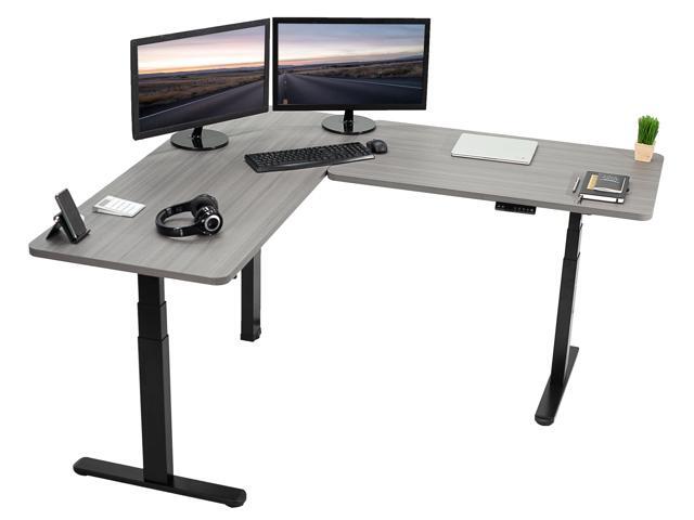 VIVO Electric Stand Up Corner Desk, Dark Gray Table Tops, Black Frame