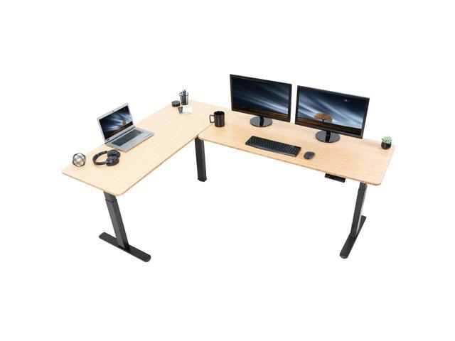 VIVO Electric 83' x 60' Stand Up Corner Desk, Bamboo Table Tops, Black Frame