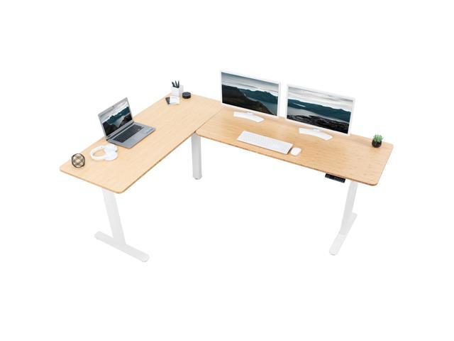 VIVO Electric 83' x 60' Stand Up Corner Desk, Bamboo Table Tops, White Frame