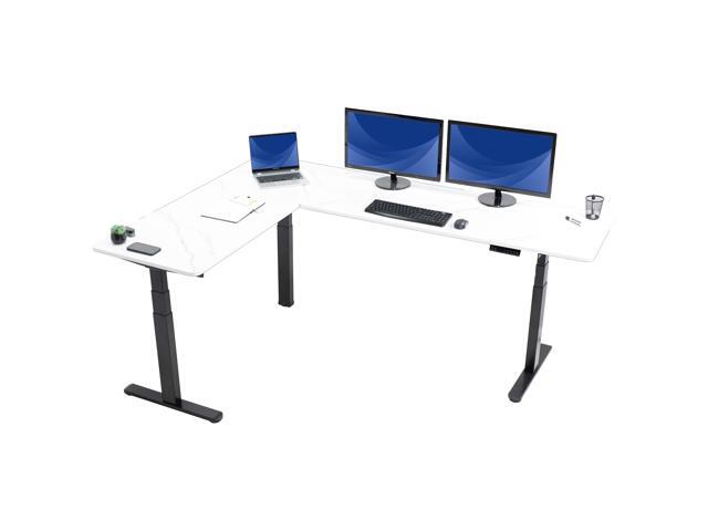 VIVO Electric 83x60 Standup Corner Desk, White Marble Dry Erase Top, Black Frame