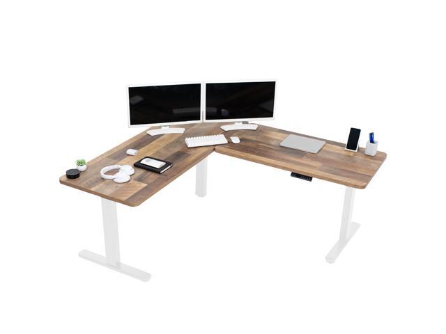 VIVO Electric Stand Up Corner Desk, Reclaimed Wood Table Tops, White Frame
