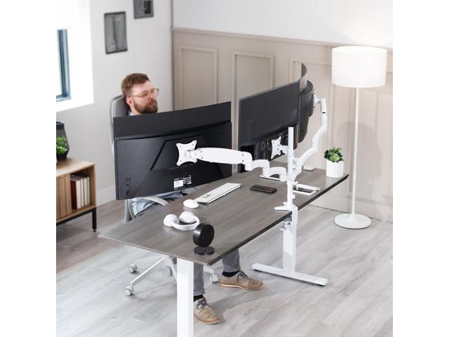 VIVO White Triple Monitor Mount, 2 Pneumatic Arms + 1 Fixed, 3 Screens up to 32'