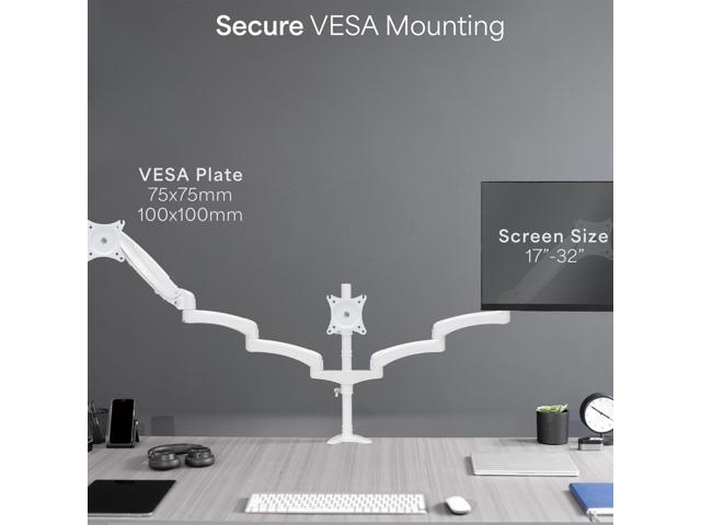 VIVO White Triple Monitor Mount, 2 Pneumatic Arms + 1 Fixed, 3 Screens up to 32'