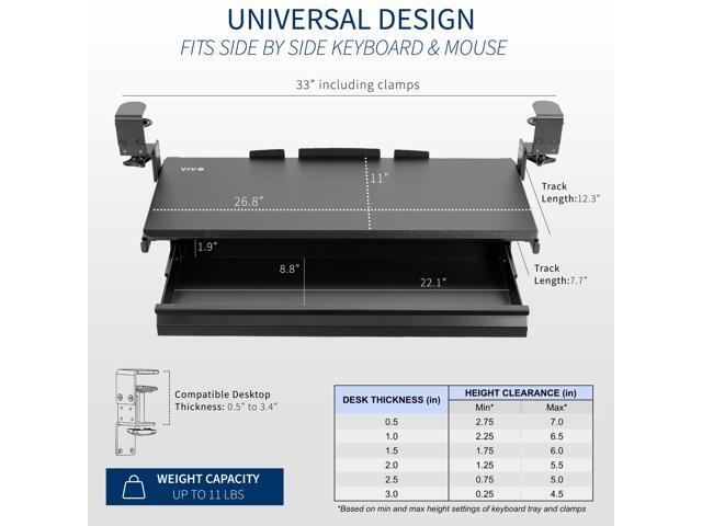 VIVO Height Adjustable Clamp-on Computer Keyboard Tray with Storage Drawer