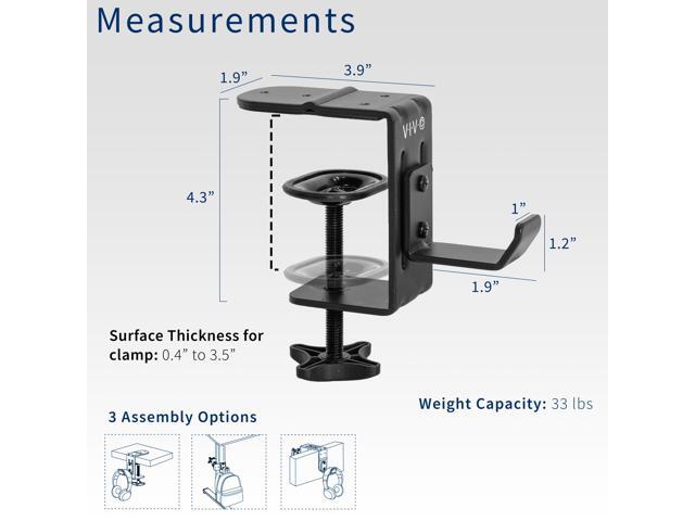 VIVO Steel Clamp-on Desktop Hook, Leg Clamp Mounting Option, Under Desk Accessory Holder, Black, MOUNT-HLC1