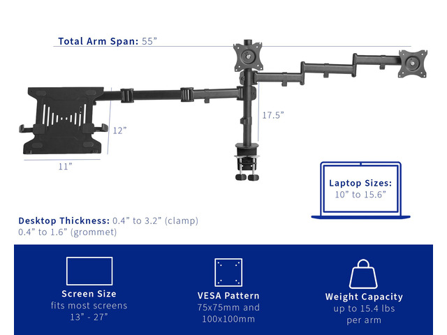VIVO Dual 13' to 27' Monitor Mount with Laptop Holder, Horizontal Screen Display