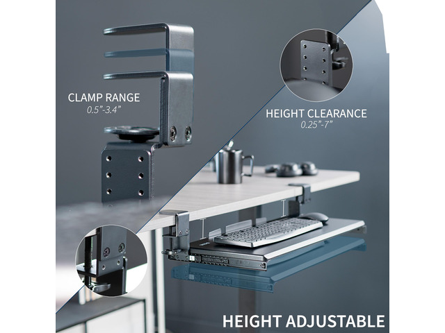 VIVO Black Clamp-on Height Adjustable Keyboard and Mouse Under Desk Slider Tray