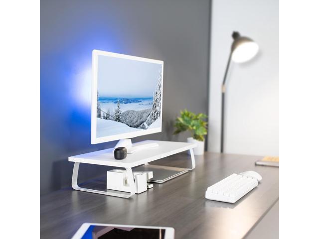 VIVO White Wood 24' Wide Desktop Stand Ergonomic TV Monitor Riser Desk Organizer