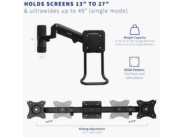 VIVO Dual Monitor Pneumatic Wall Mount, Fits 2 Screens up to 27' or 1 up to 49'