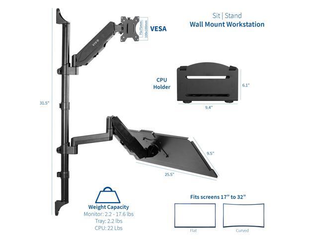 VIVO Sit-Stand Height Adjustable Pneumatic Arm Wall Mount for 1 Screen up to 32'