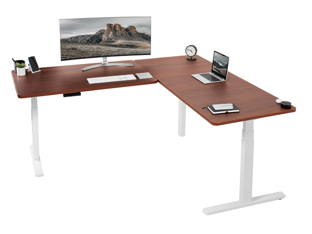 VIVO Electric 77' x 71' Corner Desk, Dark Walnut Table Tops, White Frame