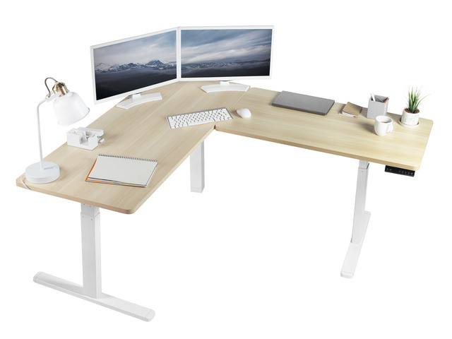 VIVO Electric Stand Up Corner Desk, Light Wood Table Tops, White Frame