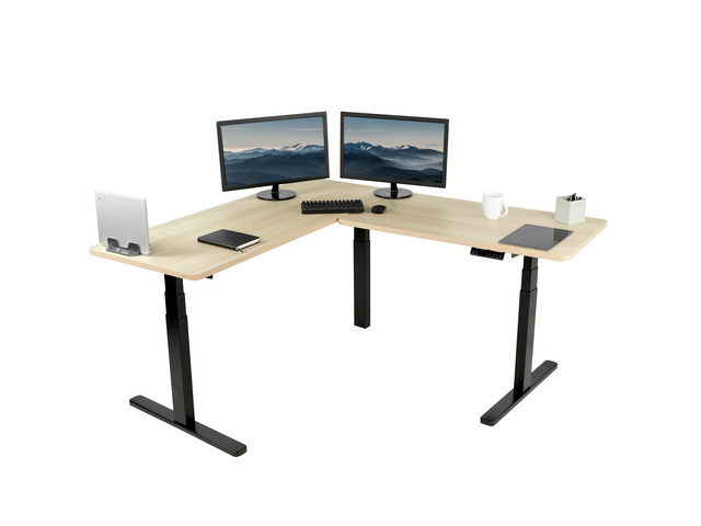 VIVO Electric Stand Up Corner Desk, Light Wood Table Tops, Black Frame