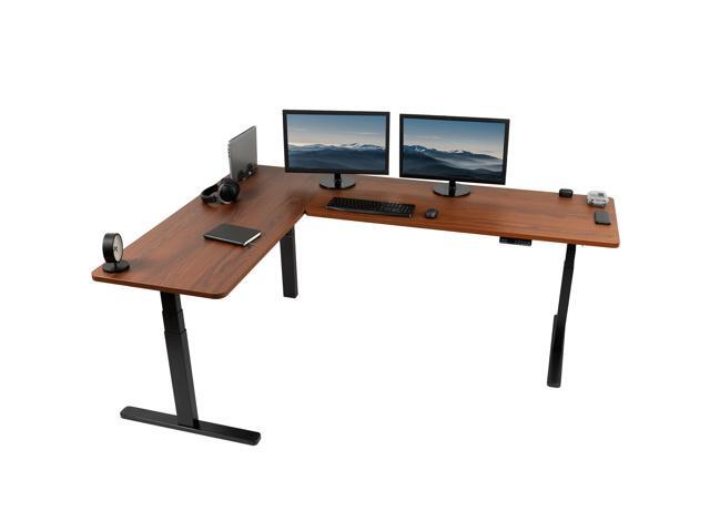 VIVO Electric 83' x 60' Stand Up Corner Desk, Dark Walnut Table Tops, Black Frame