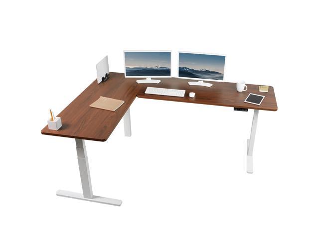 VIVO Electric 83' x 60' Stand Up Corner Desk, Dark Walnut Table Tops, White Frame