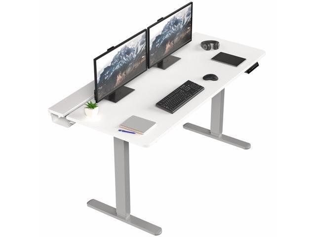 VIVO Electric 60' x 30' Desk, Full Pad, White Hidden Cable Tabletop, Gray Frame