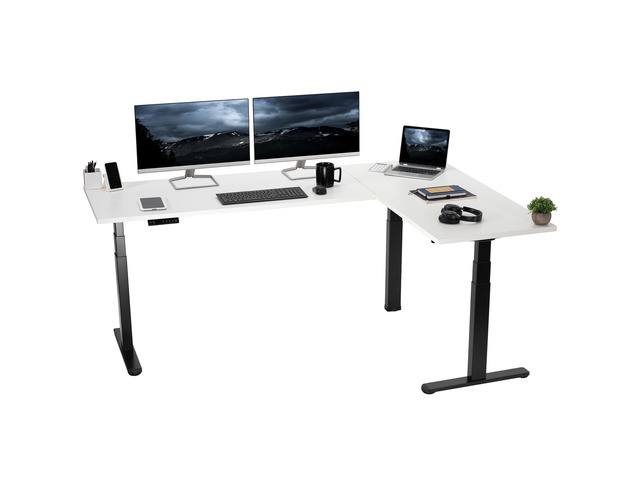 VIVO Electric 78' x 55' Stand Up Corner Desk, White Table Tops, Black Frame