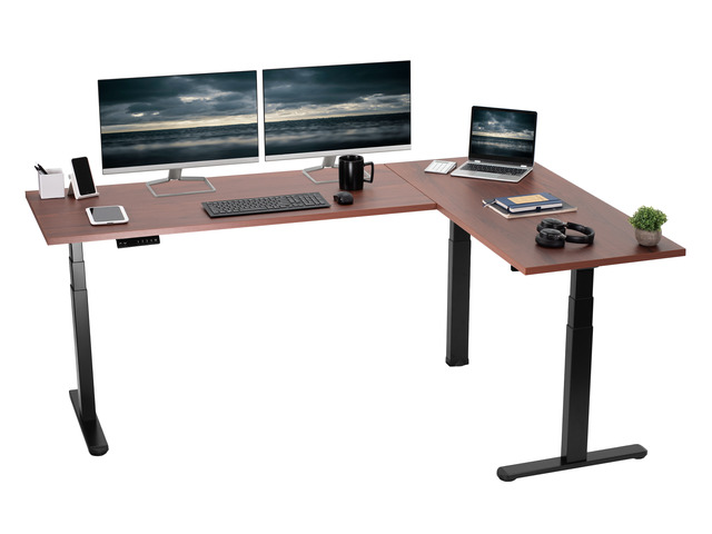 VIVO Electric 78' x 55' Stand Up Corner Desk, Dark Walnut Tops, Black Frame