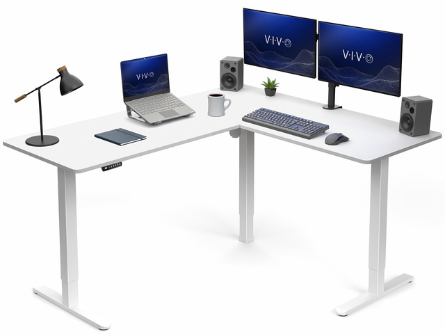 VIVO White Electric 63' x 55' Corner Stand Up Desk, L-Shaped Workstation