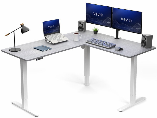 VIVO Gray / White Electric 63' x 55' Corner Desk, 3 Section Table Top