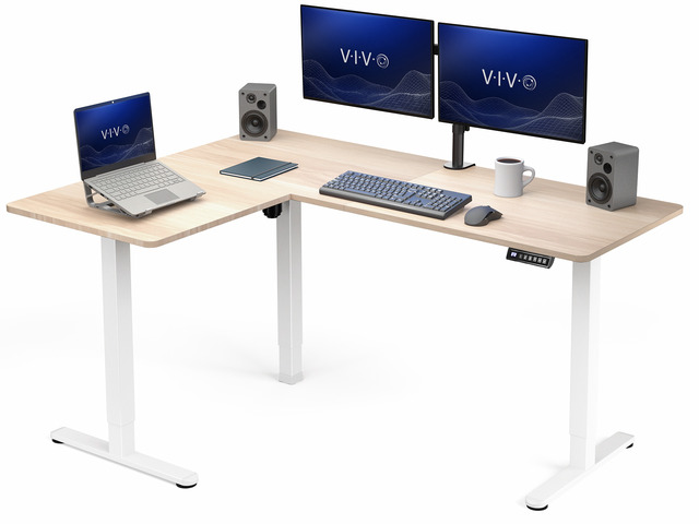 VIVO Light Wood / White Electric 63' x 47' Corner Standing Desk