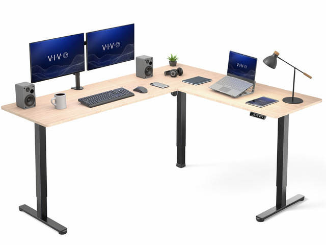 VIVO Bamboo / Black Electric 75' x 63' Corner Desk Workstation