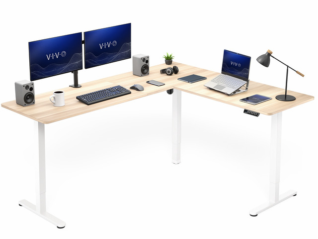 VIVO Light Wood / White Electric 75' x 63' Corner Desk Workstation